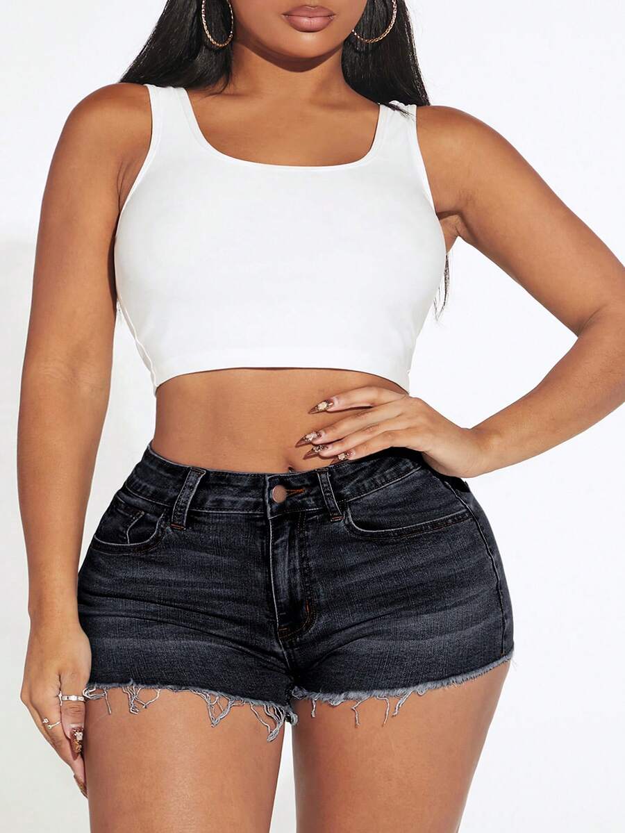 Slaydiva Plus Size Summer Casual Washed Frayed Denim Shorts - Black - View 1