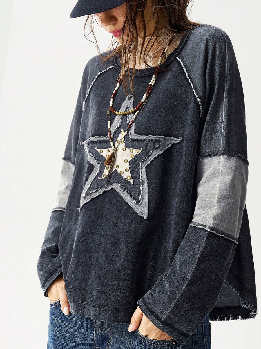 Bohemela 休闲针织拼布圆领宽松长袖女式T恤 - 彩色 - 查看 1