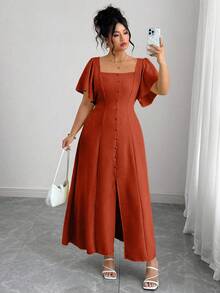 Elenzga Plus Size Solid Color Ruffle Trim Square Neck Cinched Waist Dress For Women Square Neck Dress Button Dress Terracotta Dress Burnt Orange Dress Rust Dress
