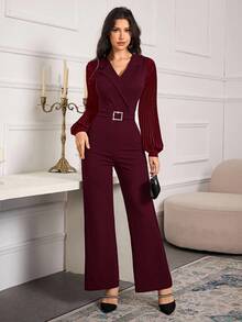 Modelyn Women's Solid Color V-Neck Rhinestone Decor Pleated Jumpsuit With Lantern Sleeves, Fashionable For Dates And Outings - Burgundy - View 3