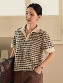 DAZY 春夏宽松休闲时尚拼接撞色办公室Polo领复古风格女式T恤 商务休闲女装 - 卡其色 - 查看 6