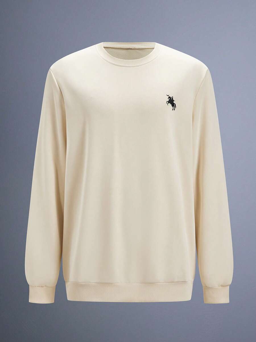 Driftmere Men's Casual Everyday Commute Minimalist Versatile Horse Print Crew Neck Sweatshirt, Spring To Summer, Men Comfort And Soft Sports Sweatshirt, Athleisure Style, Sporty Fashion, For Spring/Summer - Apricot - View 1