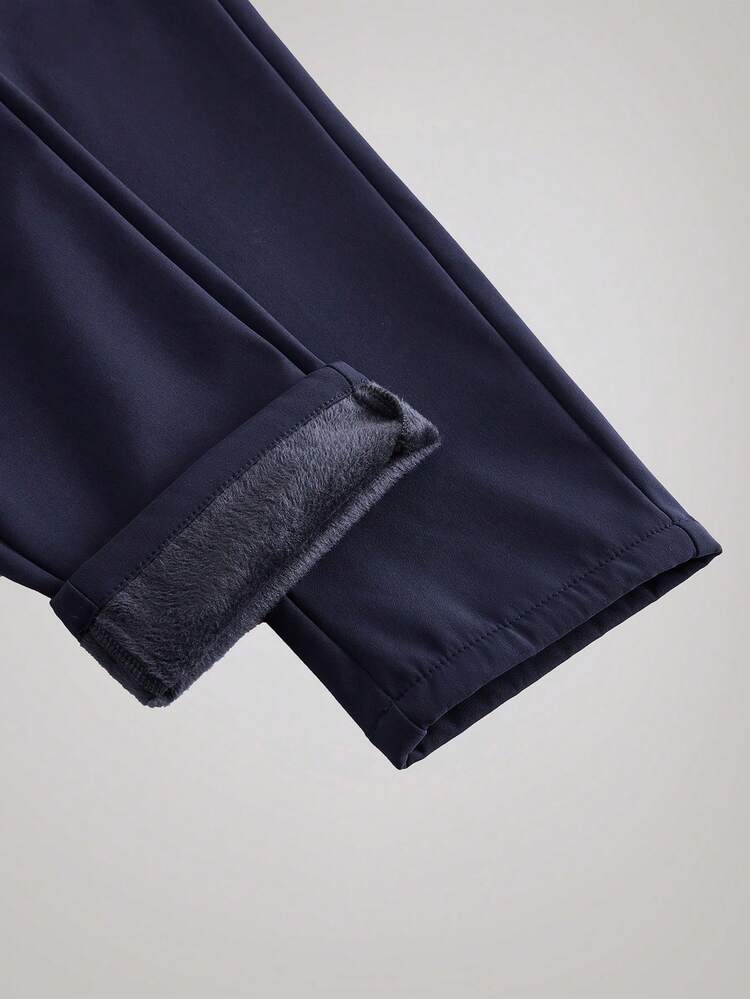 男士纯色口袋直筒宽松休闲裤，带保暖内衬，秋冬款 - 寶藍色 - 查看 6