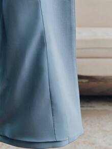 Anewsta Elegant Women's Suit With Waist Cinching, Architectural Pleated Trim Blazer And Flared Leg Pants With Side Slit, 2 Pieces Set - Blue - View 8