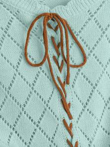 Franclia Suéter estilo blogger con bloqueo de color, cordones, calado y flecos florales, estilo europeo y americano - Azul menta - Ver 5