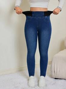 SHEIN Tall 女士休闲水洗高腰修身牛仔裤 秋冬款 弹性腰带 高弹舒适面料 深色水洗紧身牛仔裤 - 深色水洗藍 - 查看 4