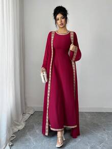 Elenzga Urban Chic New Women's Red Sleeveless Fitted Dress With Gold Ribbon, Loose Long Sleeve Maxi Cover Up, Suitable For Daily Wear, Weddings, Galas, Commute, Graduation Parties, Holidays, Dates, Parties, Halloween, Christmas, New Year, Thanksgiving, Wedding Guest Outfits - Red - View 5