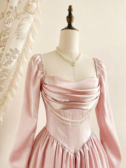 Vintamour Vintage Elegant Women's Dress Satin Pearl Chain Pleated Lantern Sleeve Dress Holiday Party Dress Summer Dress Long Summer Dress For Women Summer Outfits For Women Summer Clothes Spring Outfit Women Spring Break Outfits Valentine's Day Valentine Outfits For Women Valentines Day Dress Valentine Clothes Valentine's Day Outfit Elegant Dresses For Women Elegant Dress Women Birthday Dresses For Women Spring Clothing Wedding Guest Dress For Women