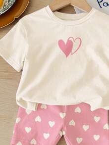 SHEIN Cream White & Pink, Sweet Minimalist Heart Pattern Print, Cute Deer Outfit, Young Girl Casual Comfortable Soft Loose Round Neck Short Sleeve T-Shirt And Tight Cycling Shorts, Suitable For Spring/Summer Daily, Home, Vacation, Holidays, Pink Valentine's Day Atmosphere, Spring & Summer Outfits For , Easy Comfort, Stylish Little Girl Set, Casual Wear, Kids Heart Graphic Clothes, Spring & Summer Set, New Style, Chill Chill - Multicolor - View 4