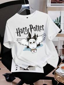 HARRY POTTER X SHEIN Women's Casual Letter & Owl Print Short Sleeve T-Shirt, Summer - White - View 1