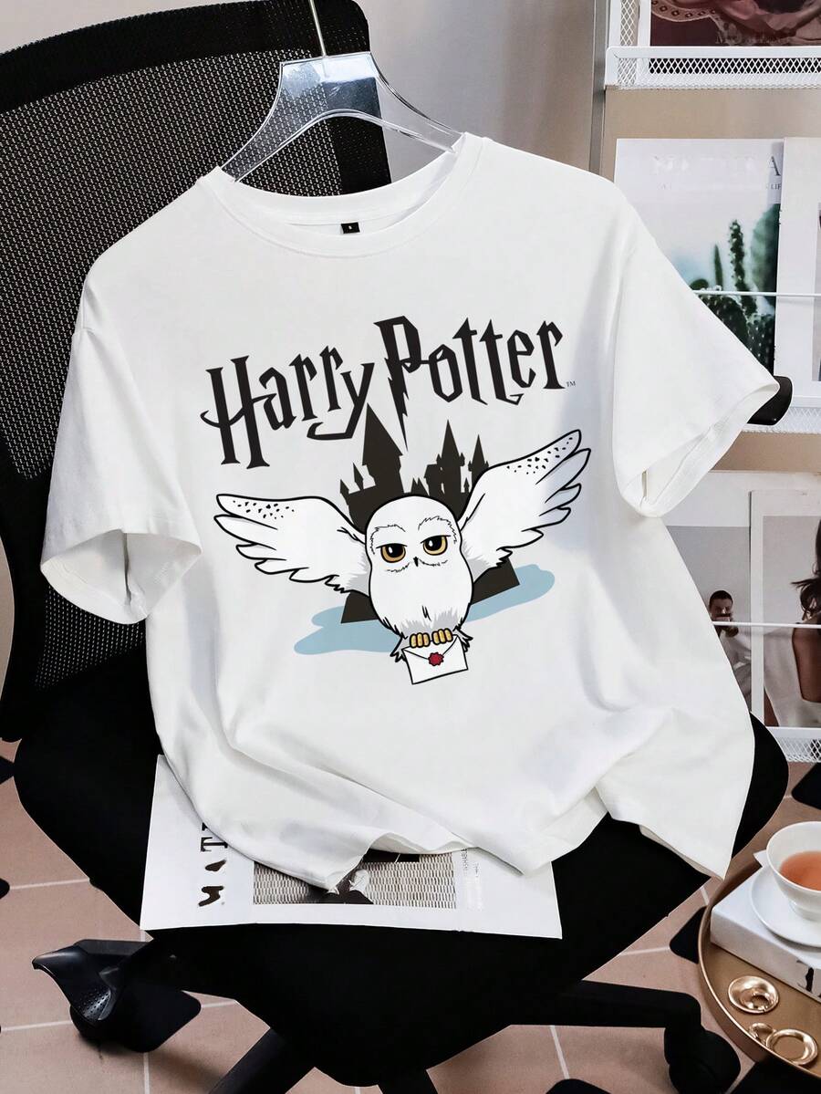HARRY POTTER X SHEIN Women's Casual Letter & Owl Print Short Sleeve T-Shirt, Summer - White - View 1
