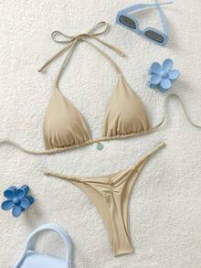 Soleia Damskie jednokolorowe bikini z wiązaniem na szyi, letnie - Kolor khaki - Zobacz 1
