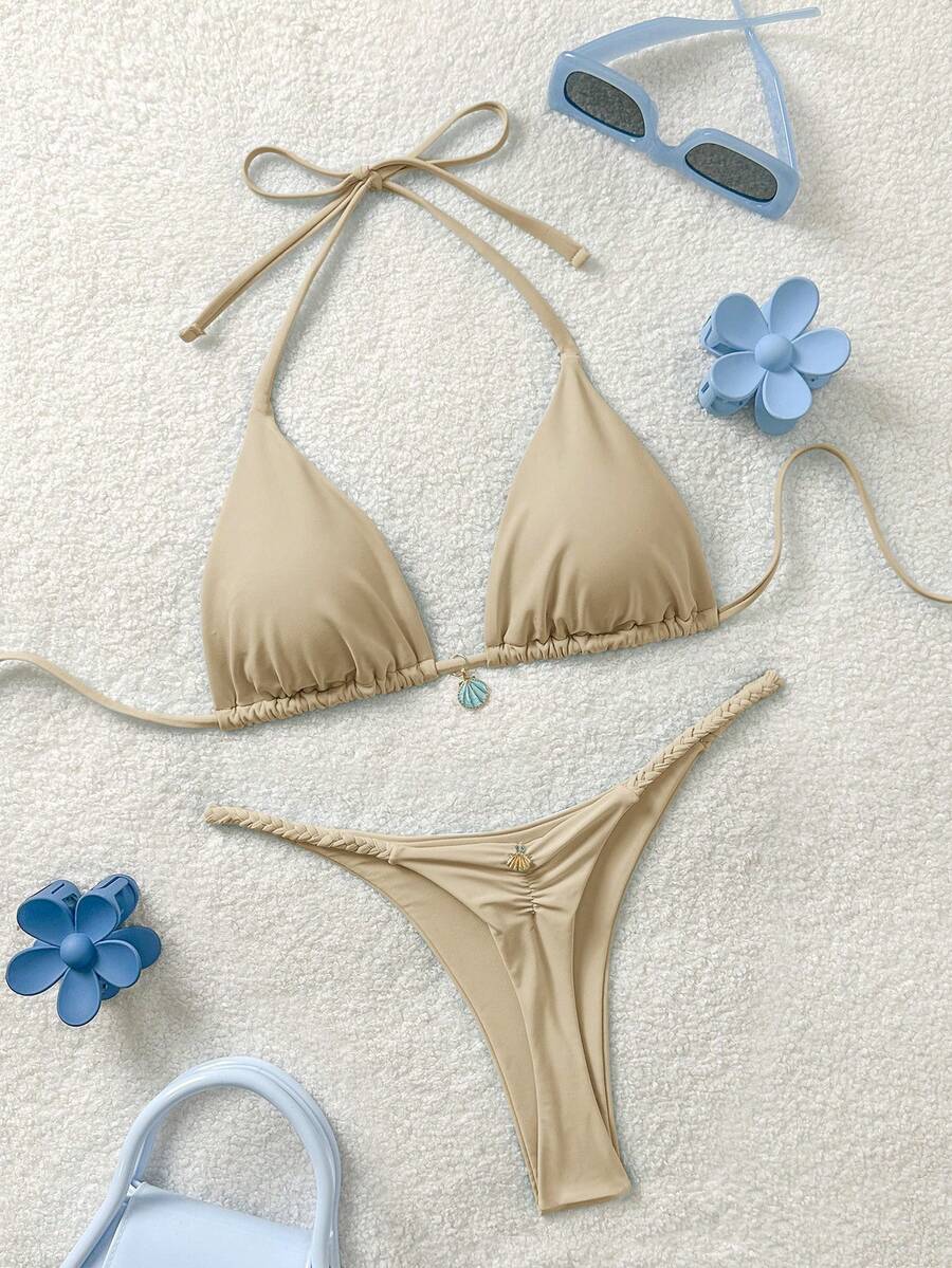 Soleia Damskie jednokolorowe bikini z wiązaniem na szyi, letnie - Kolor khaki - Zobacz 1