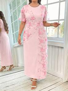 Reflora Plus Size Summer Elegant Contrast Mesh Applique Round Neck Dress, Summer Dresses - Coral Pink - View 3