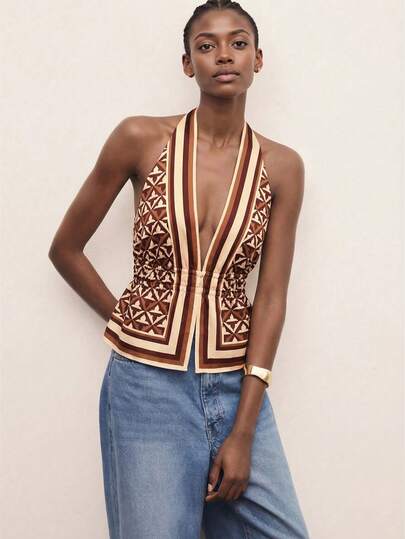 CAJUNI Women's Top Brown Beige Summer Woven Slim Fit, Deep V Halter Neck With Open Back And Adjustable Tie, Artistic Geometric Print, Waist-Gathered Elastic Detail, Bohemian Resort Blouse For Vacation, Music Festival & Summer Party,Summer Holiday Outfits,Spring Women,Valentines Day,Women's Carnival Costume,Beach Outfit,Beach Vacation Outfits For Women,Casual Blouses For Women, Statement Top, 70s Tops, Scarf Top, Brown Top Women