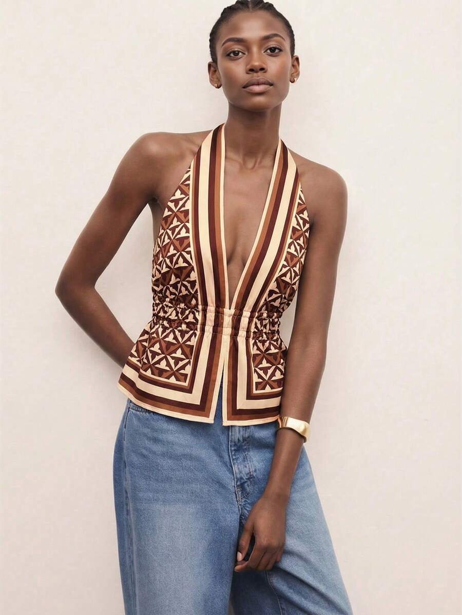 CAJUNI Top halter con cuello en V profundo y estampado geométrico sexy para vacaciones - Marrón - Ver 1