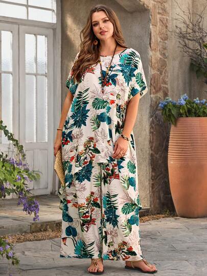 EMERY ROSE 大码女式热带植物印花短袖不对称下摆衬衫和裤子两件套