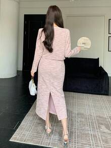 DAZY Women's Long Sleeve Cardigan And Sleeveless Fitted Dress Elegant 2-Piece Set