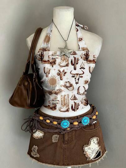 Lalippa All-Over Print Halter Neck Backless Casual Fashion Tank Top