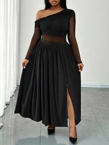 Truni Plus Size Women's Elegant Black Mesh Sheer Shoulder Dress,Autumn Formal Evening Night Out Club Dress For Pear & Triangle Curve - Black - View 3