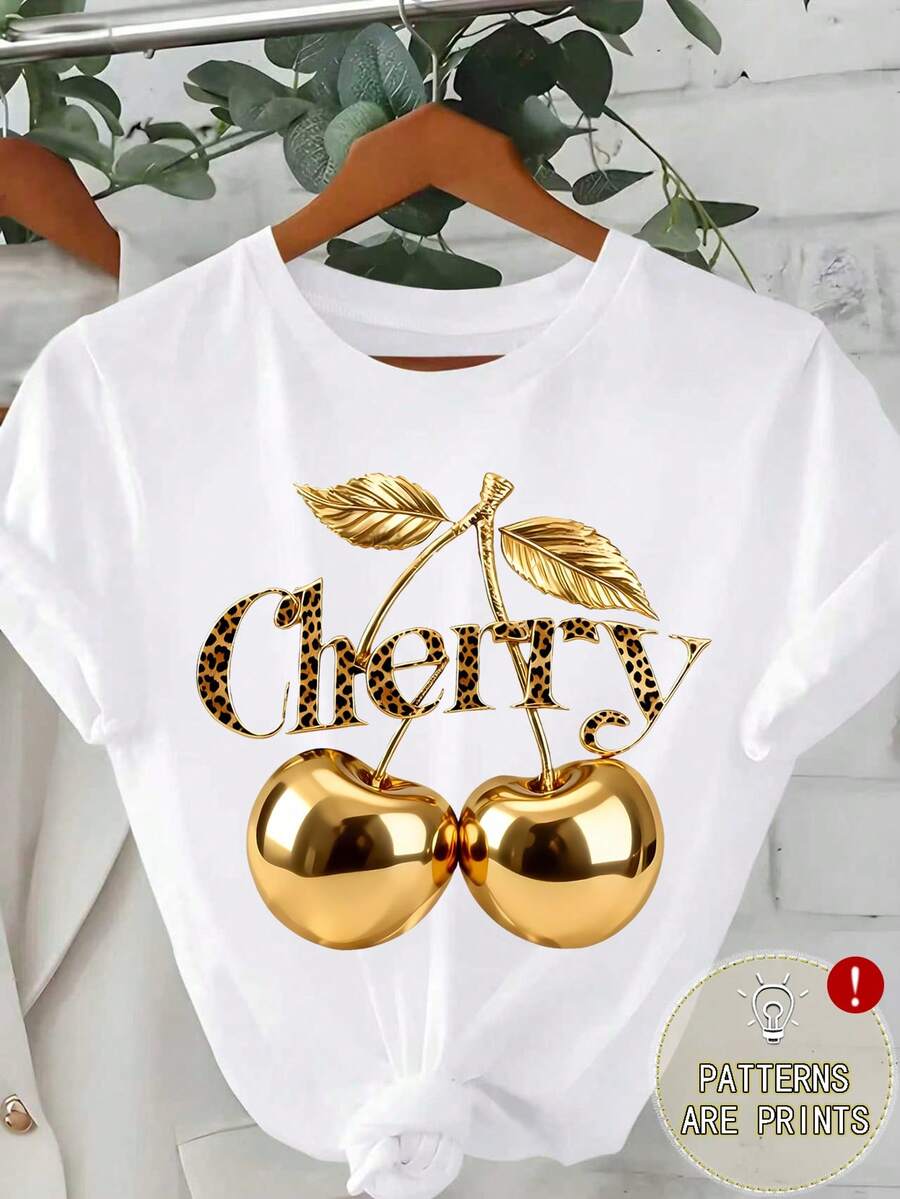 EMERY ROSE Kaos Wanita Regular Fit Warna Putih dengan Motif Ceri Emas dan Leopard Tropis - Putih - View 1
