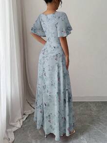 Modelyn Women's Chiffon Butterfly Print Bat Sleeve Pleated Sweet French Style Summer Dress - Mint Green - View 3