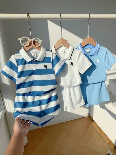SHEIN 6pcs Baby Boy Casual Preppy Summer Colorblock Polo Shirt & Striped Plaid Shorts 4-Piece Set, Suitable For Birthday Party, Evening Event, Performance, Wedding, Baby Shower, 1st Birthday Celebration