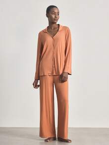 Ocili Conjunto de pijama de pantalón y blusa de manga larga de un solo botonadura de unicolor para mujer