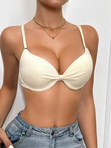 DesireSculpt 1pc Women's Simple Lift & Gather Bra, Versatile Casual Underwear - Beige - View 3