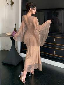 DAZY Robe mi-longue élégante et slim pour le travail, avec volants en maille transparente et manches évasées. Convient pour un mariage, la Saint-Valentin ou une robe d'été. - Nude - Voir 7