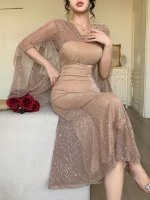 DAZY Robe mi-longue élégante et slim pour le travail, avec volants en maille transparente et manches évasées. Convient pour un mariage, la Saint-Valentin ou une robe d'été. - Nude - Voir 9