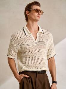 Manfinity CityGents Herren Neues Polokragen Kurzarm Perforiertes Kontrast Farbiges Atmungsaktives Pullover Hemd, Frühling/Sommer Herren Gehäkeltes Hemd Creme Top Herren Herren 70er Jahre Kleidung Herren Geknöpftes Gestricktes Polo Offenes Gestricktes Hemd Herren, Sommer Herren Gestricktes Polo - Beige - Übersicht 1