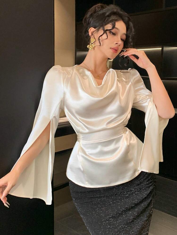 Women's Floral Print Satin Shiny Blouse, Elegant Slim Fit Flare Sleeve High Slit Casual Vacation Commute Shirt, Spring/Summer Long Sleeve