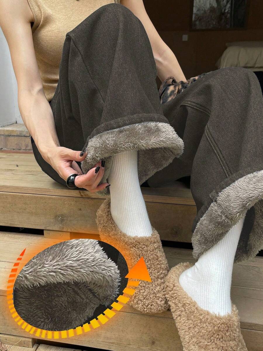 DAZY Quần jean ống đứng lót nhiệt thường ngày cho nữ - Xám - Xem 1