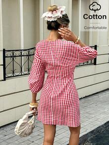 Siren Gaze Women's Plaid Minimalist Casual Long Sleeve Short Dress Red Gingham Dress Valentine's Day Summer - Red - View 4
