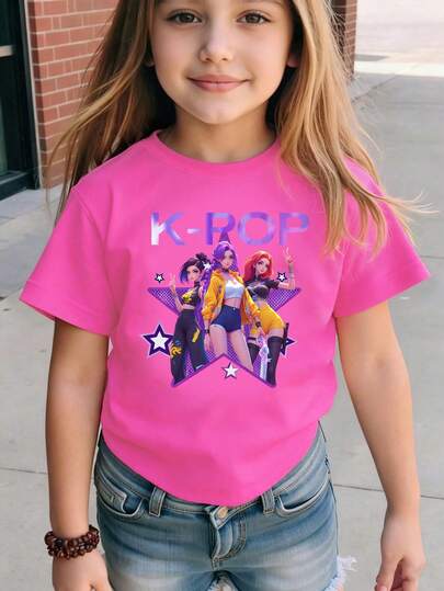 Explorewe Flickors casual moderiktiga kreativa personliga uppfriskande minimalistiska coola virtuella tjejgrupp färgglada pentagram grafiska bokstäver slogan tryck enkla korta t-shirts, bekväma vardagskläder, mysiga sommar- och höststilar lämpliga för vår- och sommartjejer