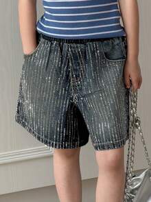 DAZY Young Girl' Rhinestone Embellished Casual Street Style Denim Shorts, Spring/Summer - Medium Wash - View 3