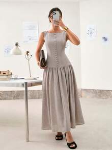 Franclia 纯色亚麻质感收腰复古优雅度假连衣裙，女士款 - 卡其色 - 查看 8