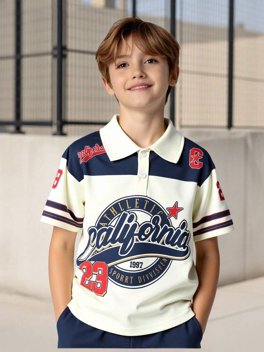 SHEIN 1 pieza Camisa polo de estilo universitario casual para niño pequeño, de manga corta, adecuada para niños de 4 a 7 años para usar en primavera y verano. Esta camisa polo de niño soleado es adecuada para la escuela y el uso en casa - Multicolor - Ver 1