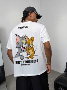 TOM & JERRY X SHEIN Men's Casual Everyday Commute Funny Cartoon Letter Graphic Short Sleeve White T-Shirt, Summer - White - View 1