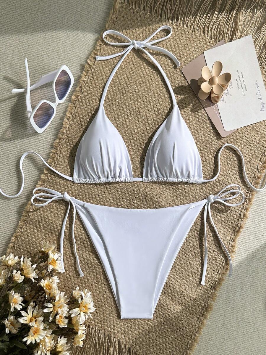 Swim Vcay Bộ bikini hai mảnh màu trơn buộc dây bên hông dành cho nữ, kiểu cổ yếm, cúp ngực tam giác, thích hợp mặc đi biển mùa hè. - trắng - Xem 1