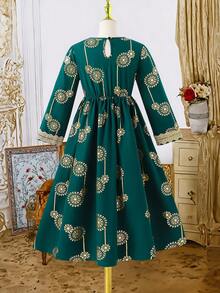 Tween-Mädchen Kleid mit V-Ausschnitt, metallisch, plissiert, elegant für Party und Anlässe, Langarm - Grün - Übersicht 2