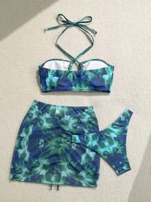 Soleia 大码女式夏季沙滩印花露背系带性感比基尼泳衣套装，含罩衫和裙子 - 彩色 - 查看 2