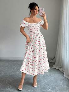 Elenzga 女式方领收腰碎花优雅短款连衣裙 - 粉色 - 查看 4