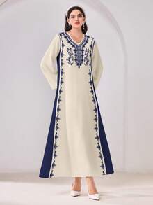 Al Najma 休闲印花V领长袖端庄阿拉伯连衣裙 - 彩色 - 查看 4