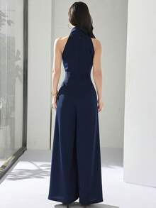 Heiryn 女士优雅简约纯色褶裥腰部吊带连体裤，夏季 - 藍色 - 查看 6