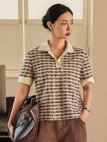 DAZY 春夏宽松休闲时尚拼接撞色办公室Polo领复古风格女式T恤 商务休闲女装 - 卡其色 - 查看 5