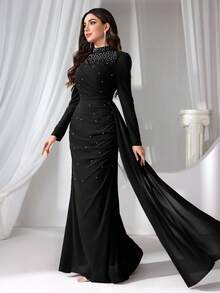 Coutiva 女士立领仿珍珠装饰长款晚礼服 - 黑色 - 查看 7