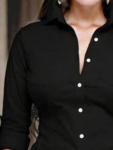 SHEIN Unity Solid Color Button Down Long Sleeve Shirt,Long Sleeve Tops Fall Cloth For Women - Black - View 4