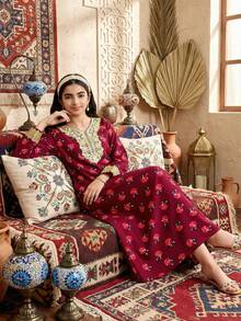 SHEIN Langes Kleid für Teenager-Mädchen mit gewebtem Platzierungsdruck und goldenem Applikation, locker geschnitten, geeignet für Reisen, Urlaub, Landstil, lässigen Badeort, Boho-Stil, passend zu Schwester- und Eltern-Kind-Outfits - Bordeaux - Übersicht 9